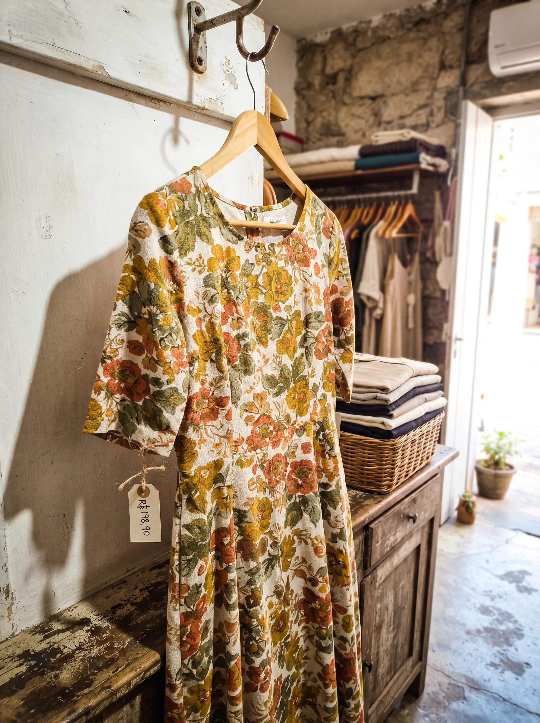 Foto tirada no celular: vestido midi floral pendurado em cabide na parede da loja, com etiqueta de preço escrita à mão